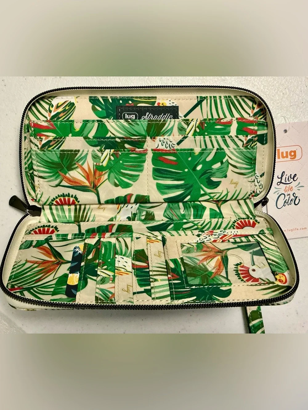 Lug Straddle Zip Around RFID Wristlet Waller Tropical Birds Cream NWT